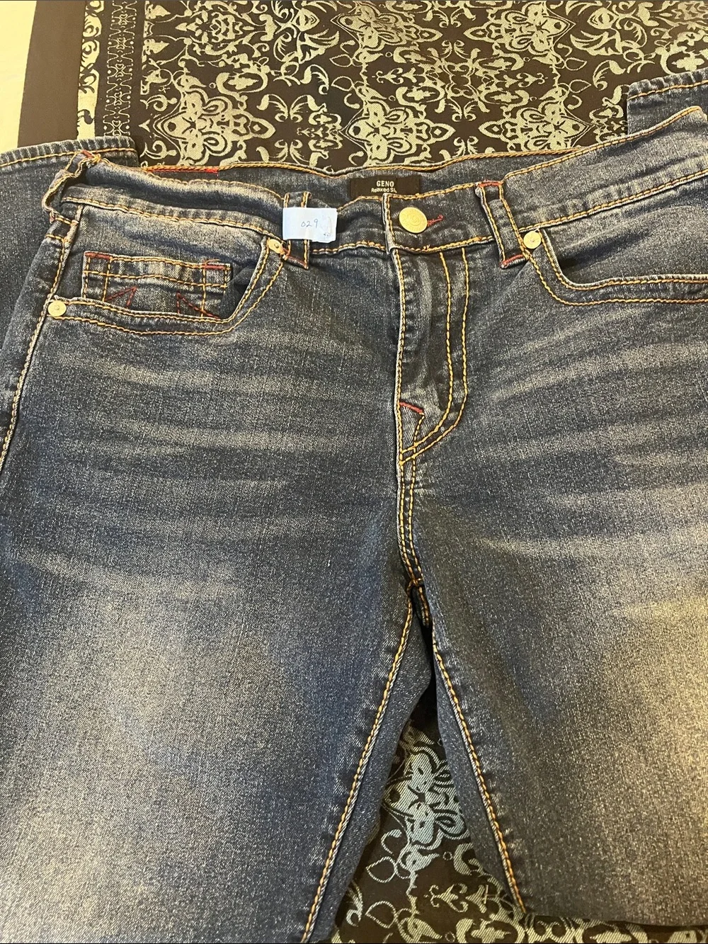 True Religion Men's Skinny Jeans in Dark Blue Denim with Contrast Stitching
